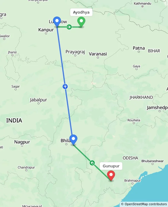 Route map showing distance and travel time from Ayodhya, India to Gunupur, India