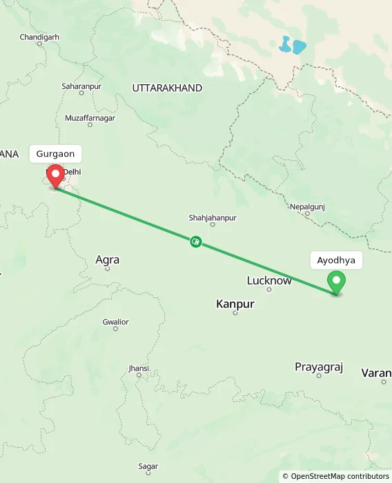 Route map showing distance and travel time from Ayodhya, India to Gurgaon, India