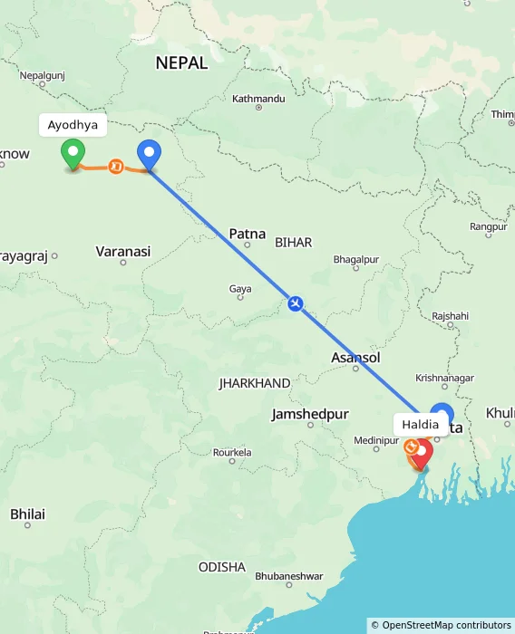 Route map showing distance and travel time from Ayodhya, India to Haldia, India