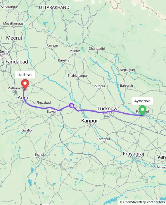 Route map showing distance and travel time from Ayodhya, India to Hathras, India