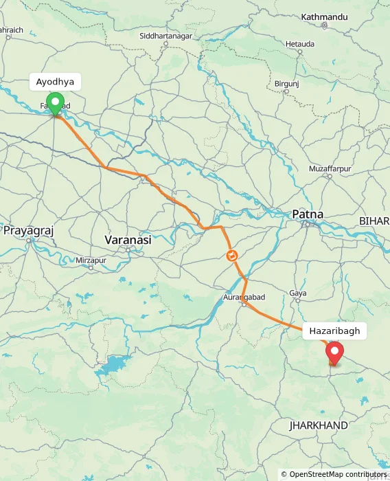 Route map showing distance and travel time from Ayodhya, India to Hazaribagh, India