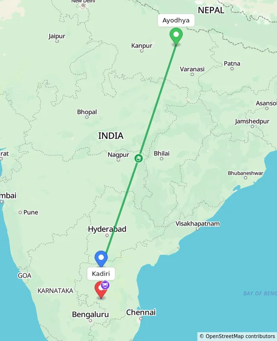 Route map showing distance and travel time from Ayodhya, India to Kadiri, India