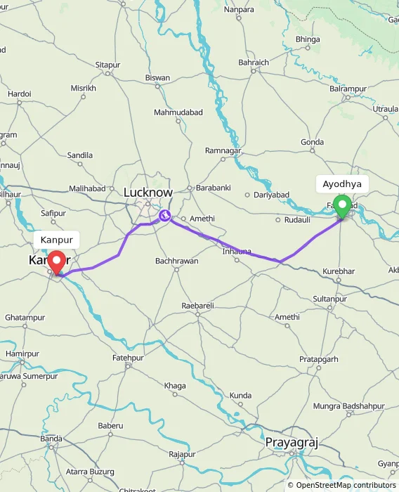 Route map showing distance and travel time from Ayodhya, India to Kanpur, India
