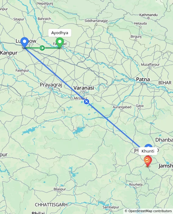 Route map showing distance and travel time from Ayodhya, India to Khunti, India