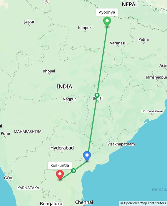 Route map showing distance and travel time from Ayodhya, India to Koilkuntla, India