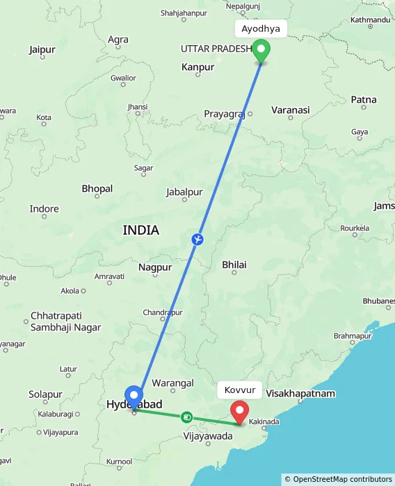 Route map showing distance and travel time from Ayodhya, India to Kovvur, India