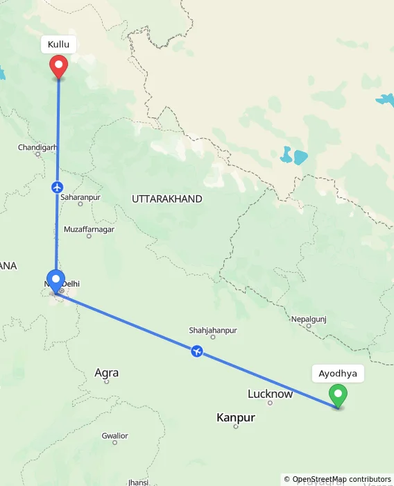 Route map showing distance and travel time from Ayodhya, India to Kullu, India