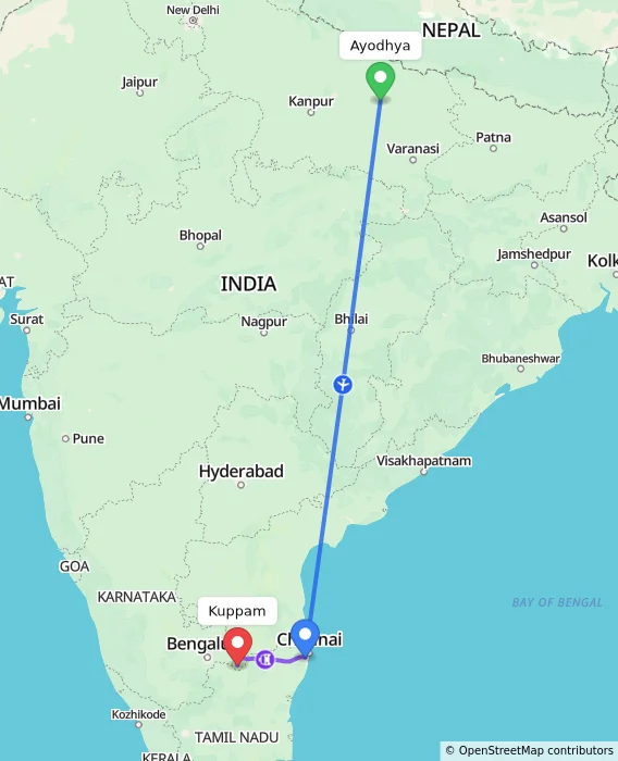 Route map showing distance and travel time from Ayodhya, India to Kuppam, India