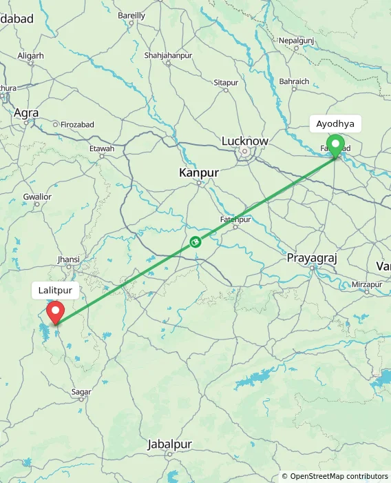 Route map showing distance and travel time from Ayodhya, India to Lalitpur, India