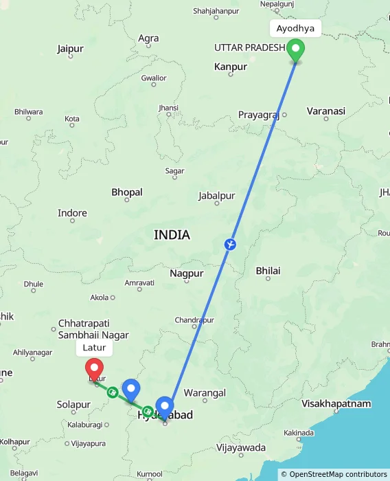 Route map showing distance and travel time from Ayodhya, India to Latur, India