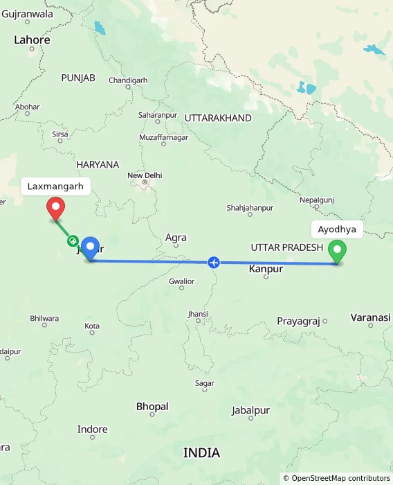 Route map showing distance and travel time from Ayodhya, India to Laxmangarh, India