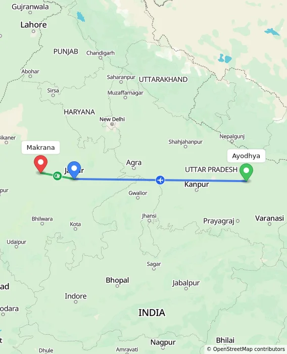Route map showing distance and travel time from Ayodhya, India to Makrana, India