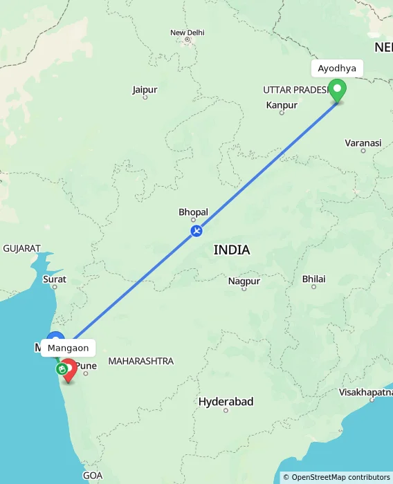 Route map showing distance and travel time from Ayodhya, India to Mangaon, India