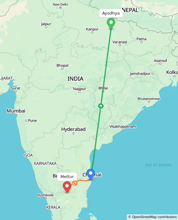 Route map showing distance and travel time from Ayodhya, India to Mettur, India