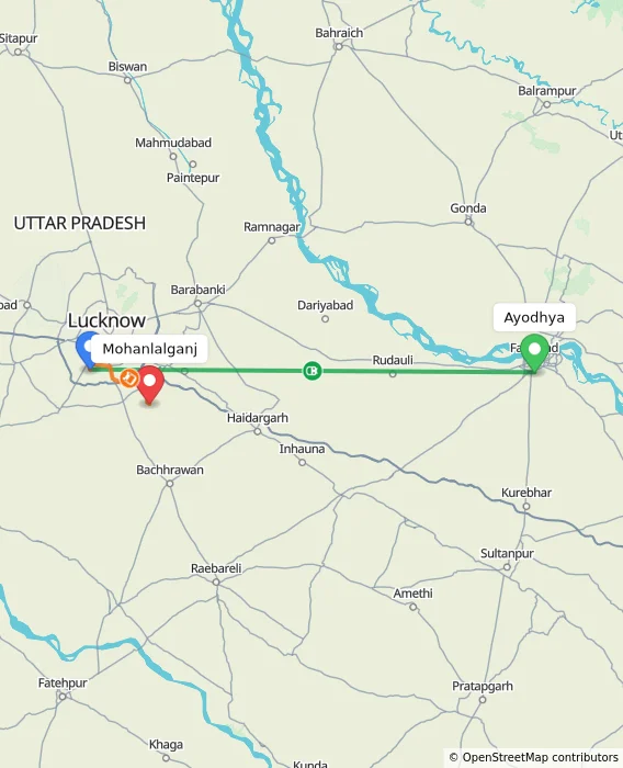 Route map showing distance and travel time from Ayodhya, India to Mohanlalganj, India