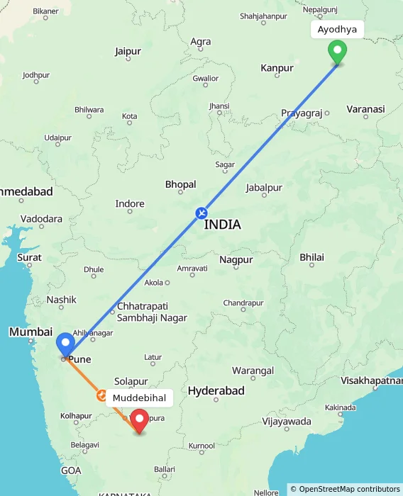 Route map showing distance and travel time from Ayodhya, India to Muddebihal, India