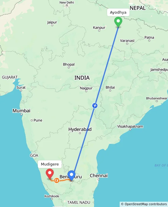 Route map showing distance and travel time from Ayodhya, India to Mudigere, India