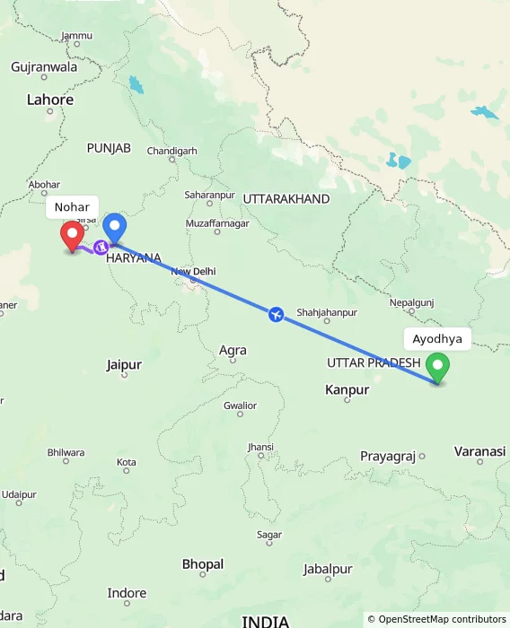 Route map showing distance and travel time from Ayodhya, India to Nohar, India