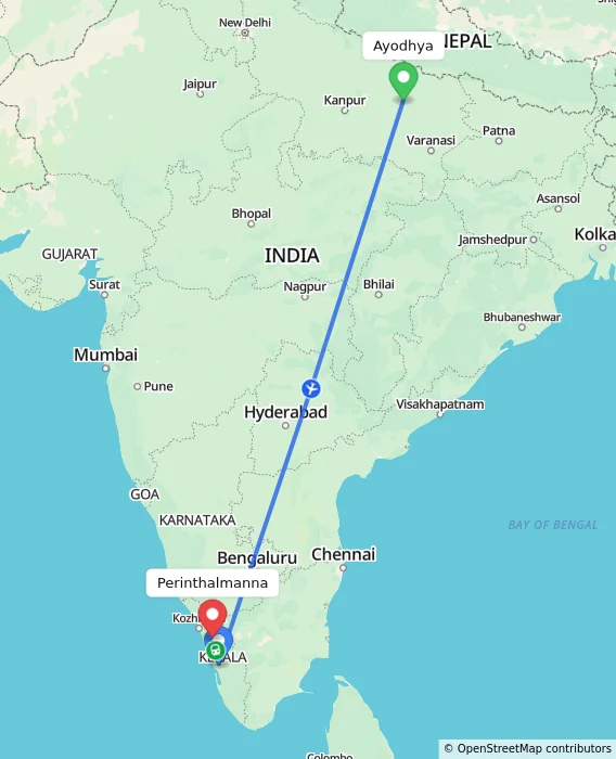 Route map showing distance and travel time from Ayodhya, India to Perinthalmanna, India