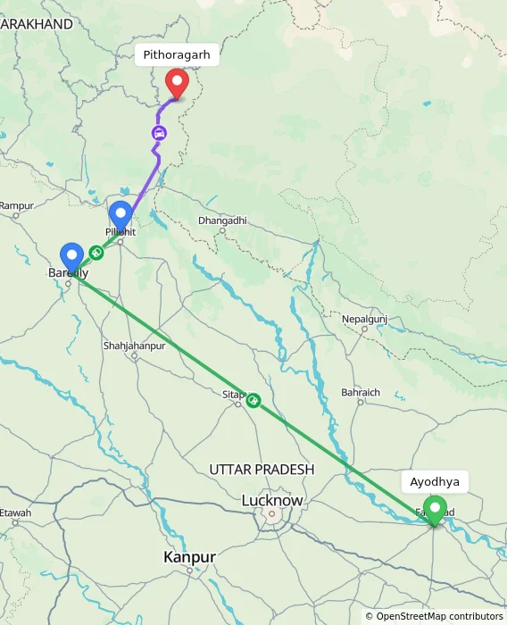 Route map showing distance and travel time from Ayodhya, India to Pithoragarh, India