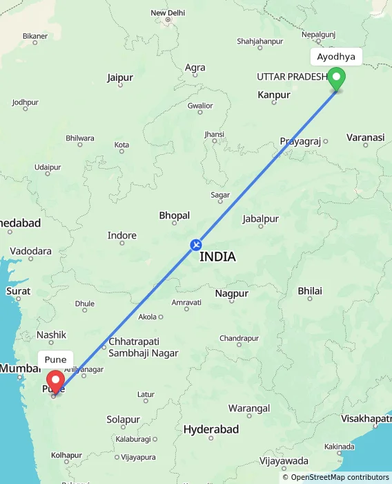 Route map showing distance and travel time from Ayodhya, India to Pune, India