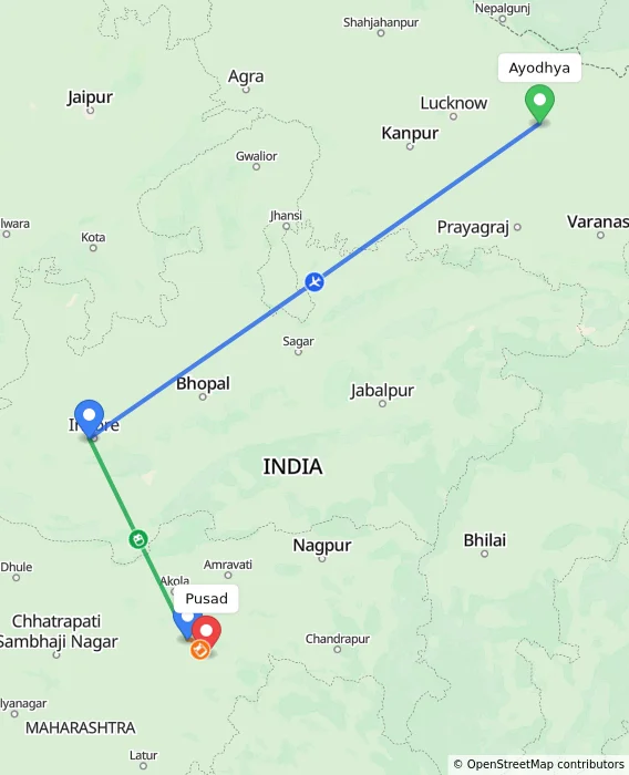 Route map showing distance and travel time from Ayodhya, India to Pusad, India