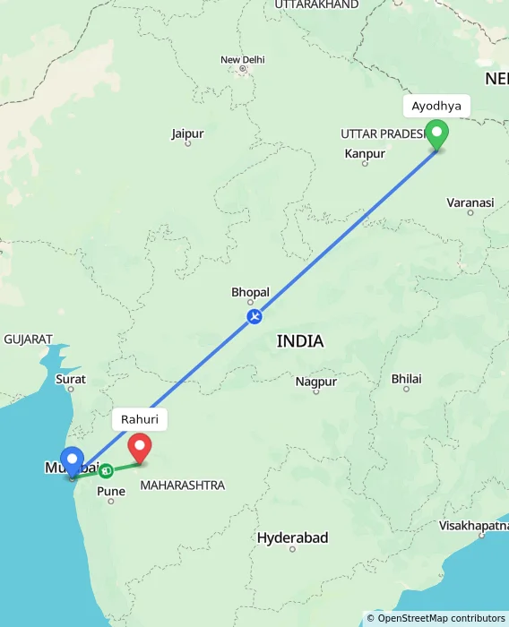 Route map showing distance and travel time from Ayodhya, India to Rahuri, India