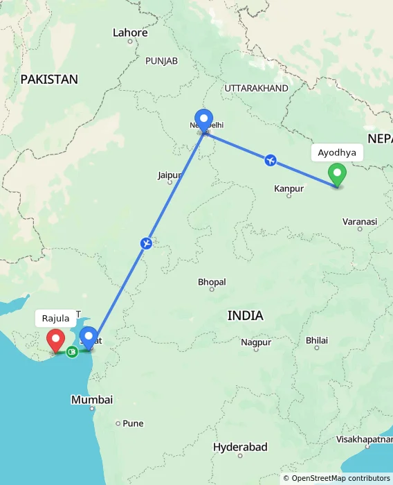 Route map showing distance and travel time from Ayodhya, India to Rajula, India