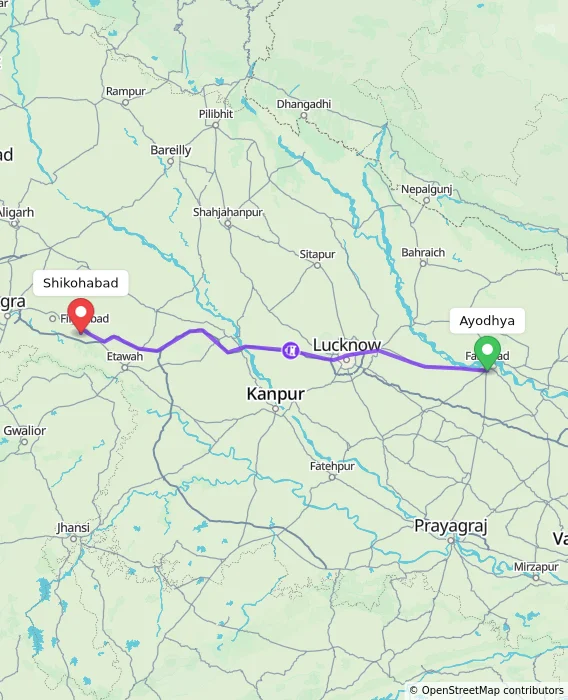Route map showing distance and travel time from Ayodhya, India to Shikohabad, India