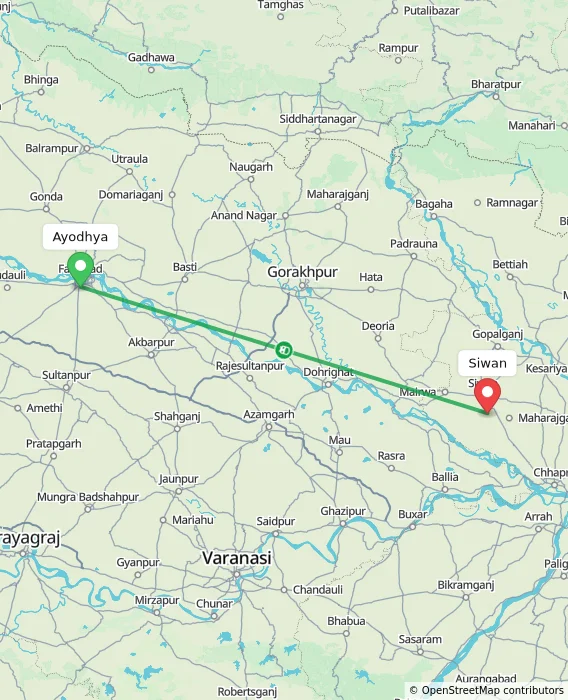 Route map showing distance and travel time from Ayodhya, India to Siwan, India