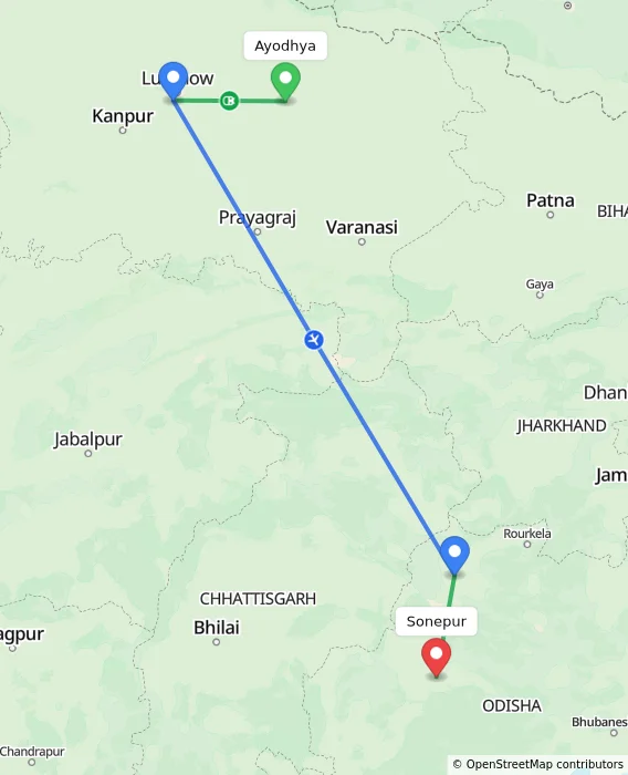 Route map showing distance and travel time from Ayodhya, India to Sonepur, India