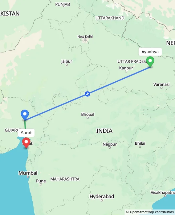 Route map showing distance and travel time from Ayodhya, India to Surat, India