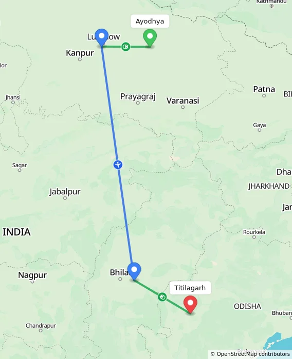 Route map showing distance and travel time from Ayodhya, India to Titilagarh, India