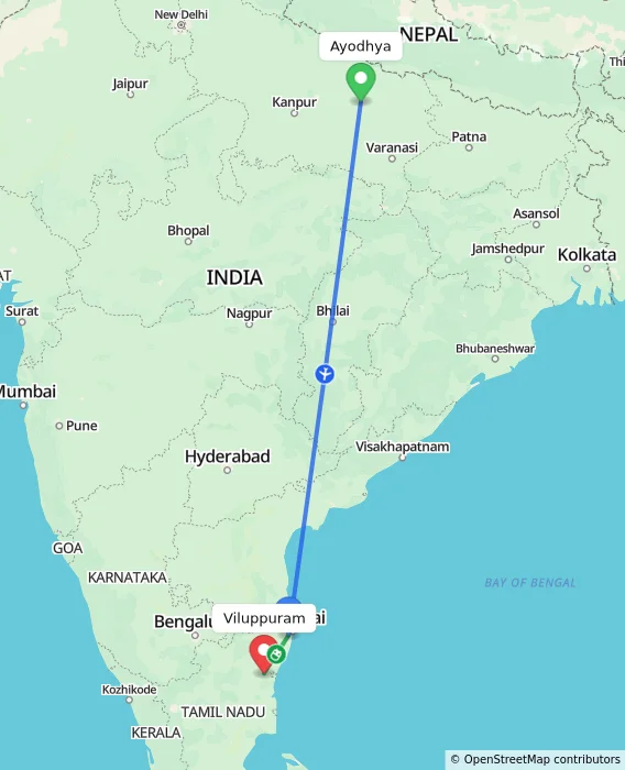 Route map showing distance and travel time from Ayodhya, India to Viluppuram, India
