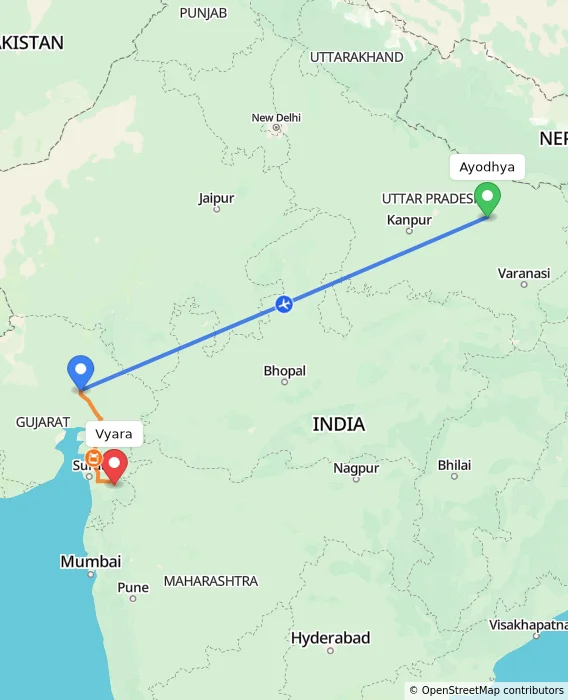 Route map showing distance and travel time from Ayodhya, India to Vyara, India