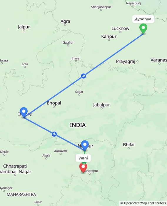 Route map showing distance and travel time from Ayodhya, India to Wani, India