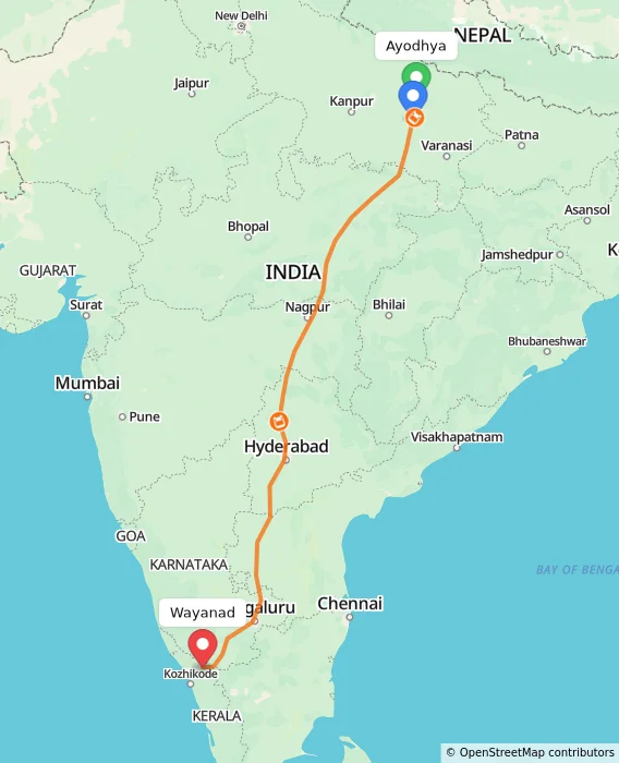 Route map showing distance and travel time from Ayodhya, India to Wayanad, India