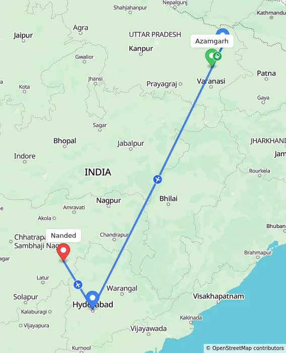 Route map showing distance and travel time from Azamgarh, India to Nanded, India