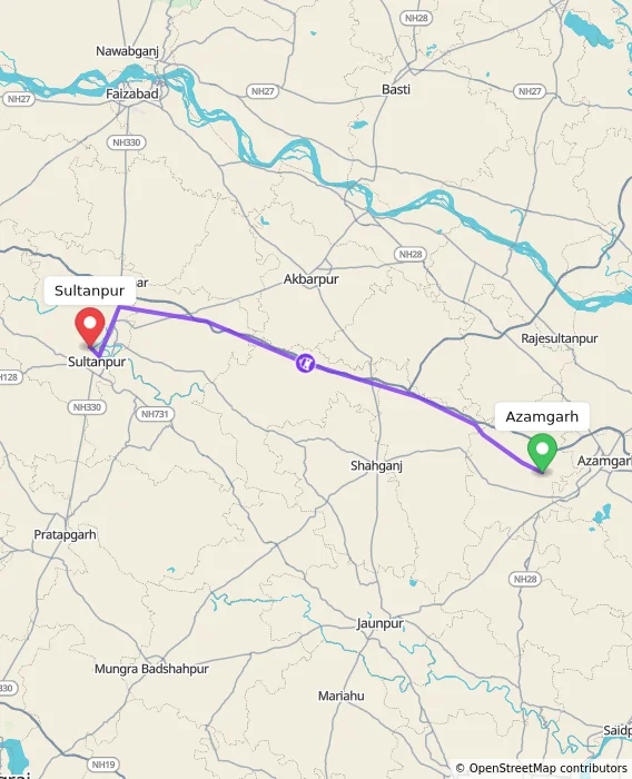 Route map showing distance and travel time from Azamgarh, India to Sultanpur, India