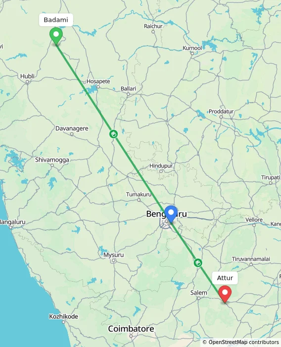 Route map showing distance and travel time from Badami, India to Attur, India