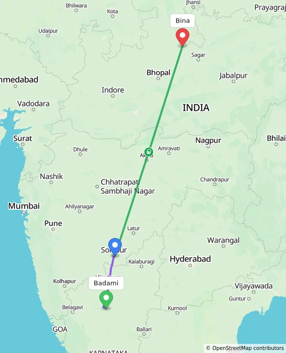 Route map showing distance and travel time from Badami, India to Bina, India