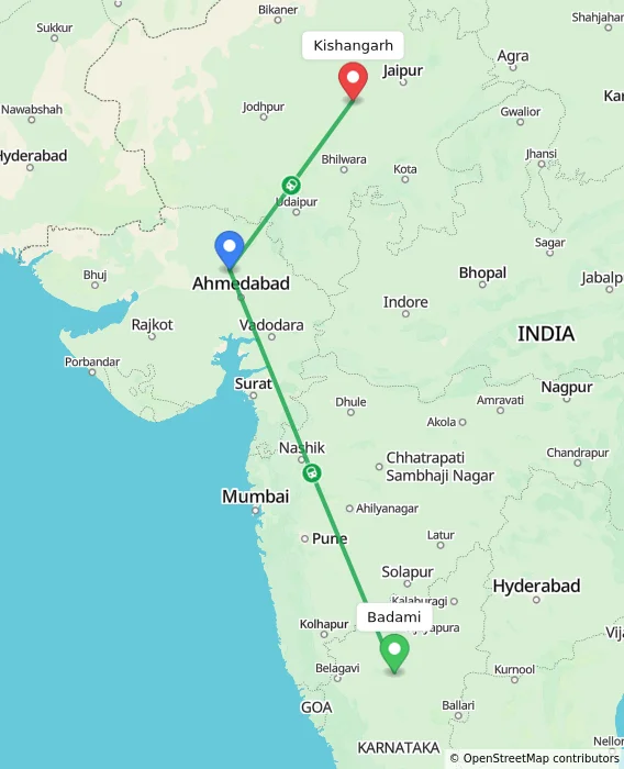 Route map showing distance and travel time from Badami, India to Kishangarh, India