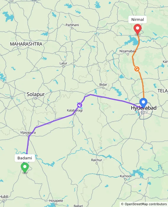 Route map showing distance and travel time from Badami, India to Nirmal, India