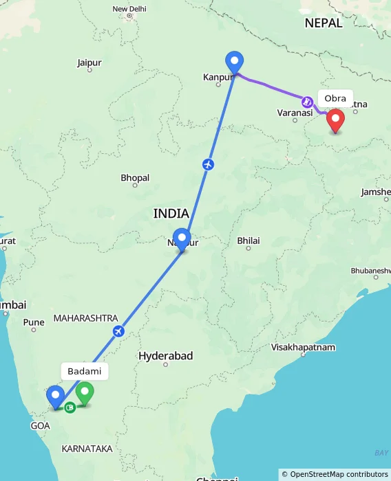Route map showing distance and travel time from Badami, India to Obra, India