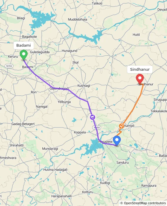 Route map showing distance and travel time from Badami, India to Sindhanur, India