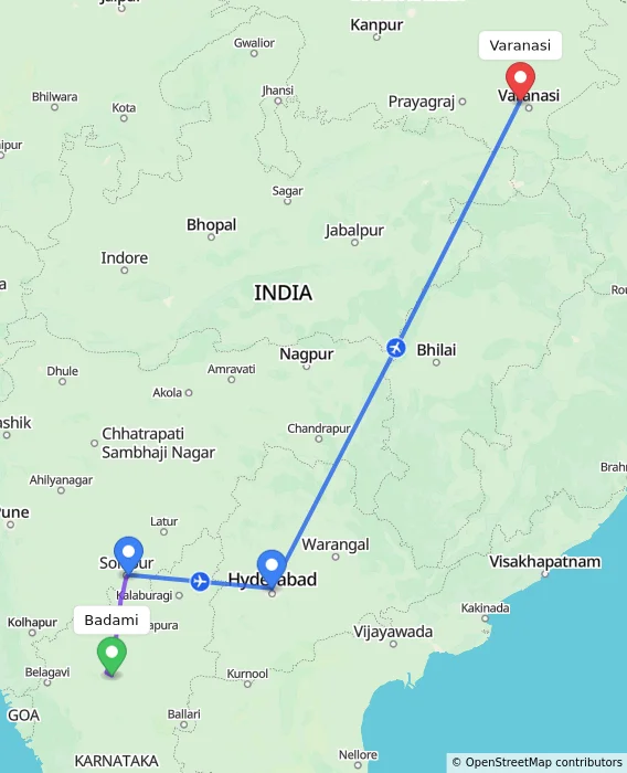 Route map showing distance and travel time from Badami, India to Varanasi, India