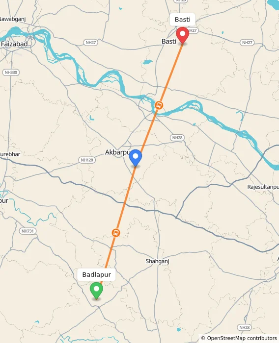 Route map showing distance and travel time from Badlapur, India to Basti, India