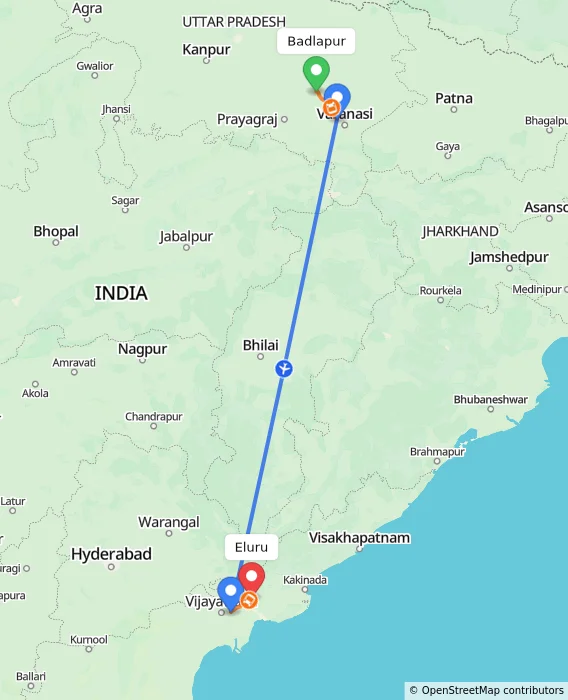 Route map showing distance and travel time from Badlapur, India to Eluru, India