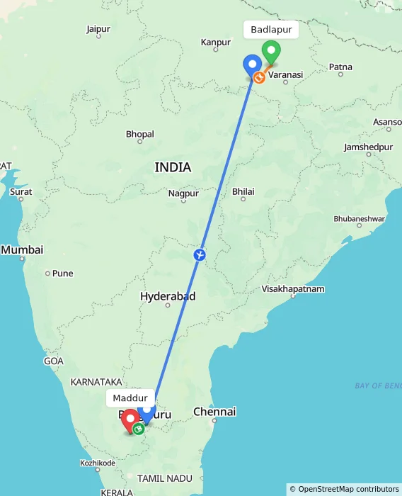 Route map showing distance and travel time from Badlapur, India to Maddur, India