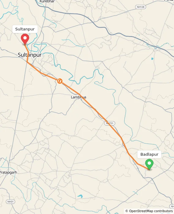 Route map showing distance and travel time from Badlapur, India to Sultanpur, India